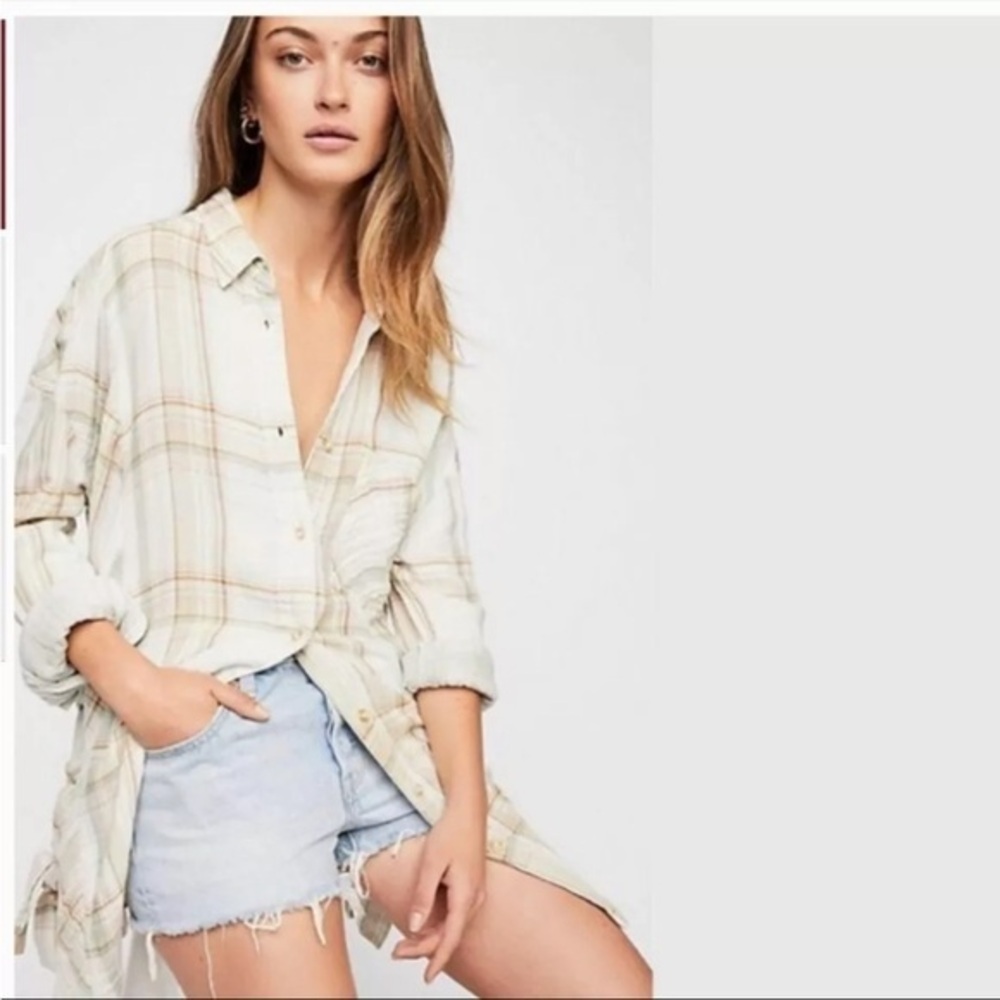 FREE PEOPLE Womens Nordic Day Button Down Shirt Top  S Plaid Lace Up OVERSIZED